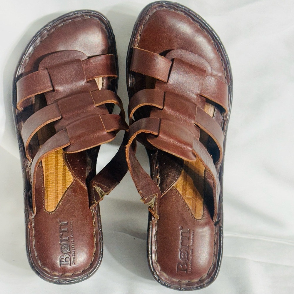 Born Brown Leather Strappy Slip-On Wedge Sandals SZ 8 Boho Earthy Outdoor Hippie